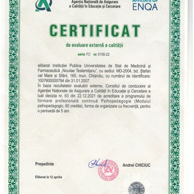 Certificat de acreditare a programului de formare profesională continuă Psihopedagogie, 12 aprilie 2022 (valabil 5 ani)